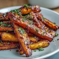 Honey roasted carrots and parsnips with golden glaze, tender and caramelized, served on a rustic baking tray.