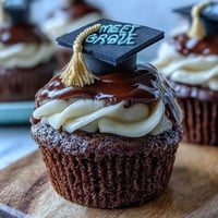 Moist vanilla cupcakes topped with buttercream frosting and fondant graduation caps for a festive celebration dessert.  