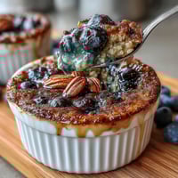 Warm baked oatmeal with juicy blueberries, naturally sweetened with maple syrup and topped with crunchy nuts.  