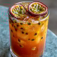 Vibrant tropical sunrise mocktail with passionfruit and orange, layered in tall glasses for a stunning visual effect.