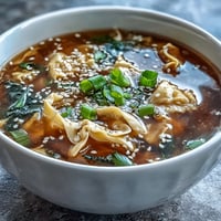 A steaming bowl of homemade egg drop soup with delicate egg ribbons in savory broth, garnished with fresh scallions.