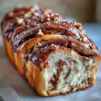 Nutella Babka recipe photo: A golden-brown, braided loaf with swirls of rich chocolate-hazelnut spread and a glossy sugar glaze.