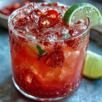 Vibrant strawberry chili limeade mocktail with fresh mint and a hint of spice.