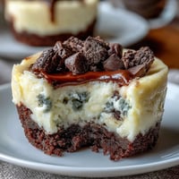 Mini Cheesecake Bites with Oreo Crust look deliciously creamy on a dark plate.