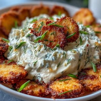 Creamy fried pickle dip topped with golden, crispy pickle garnishes, ready for dipping.